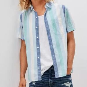 AMERICAN EAGLE Striped Chambray Button Up Resort Shirt Blue‎ Green Mens Sz L